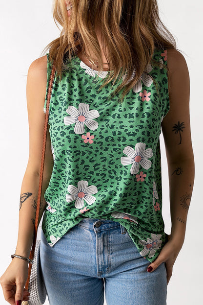 Printed Side Slit Round Neck Tank-Angel Casuals