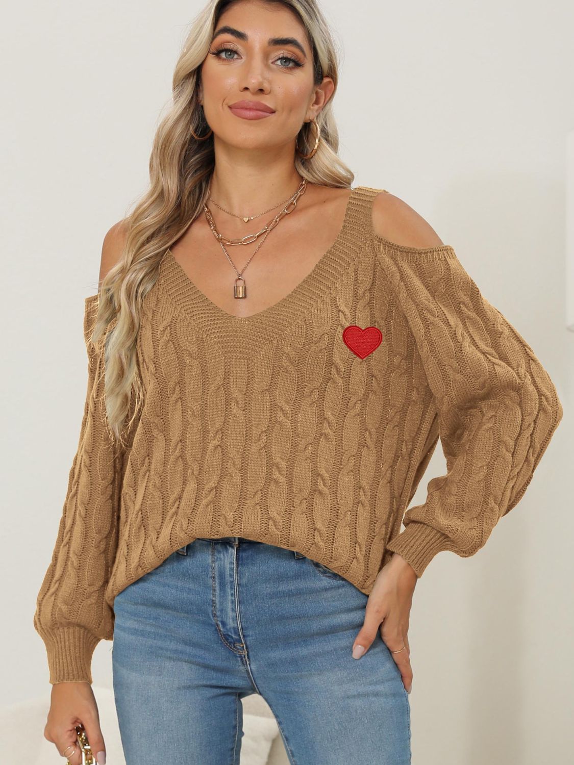 Cable-Knit Heart V-Neck Sweater-Angel Casuals