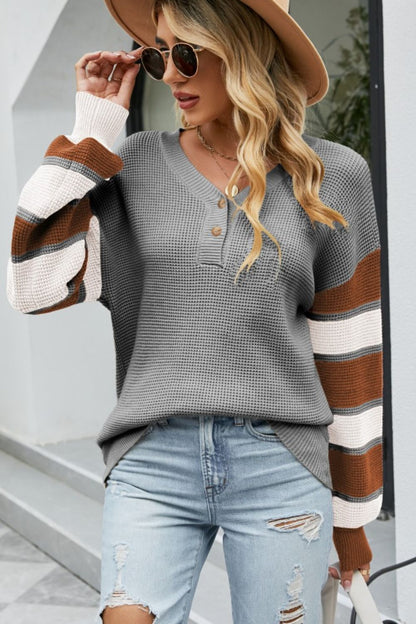 Color Block V-Neck Dropped Shoulder Sweater-Angel Casuals