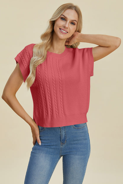 Double Take Full Size Cable-Knit Round Neck Short Sleeve Sweater-Angel Casuals