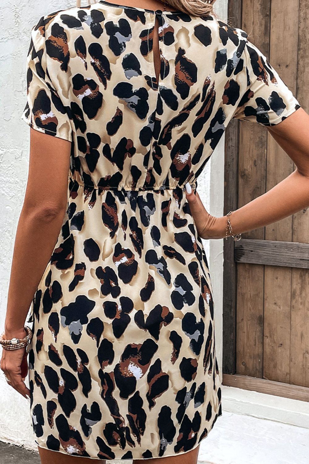 Animal Print Belted Keyhole Round Neck Dress-Angel Casuals