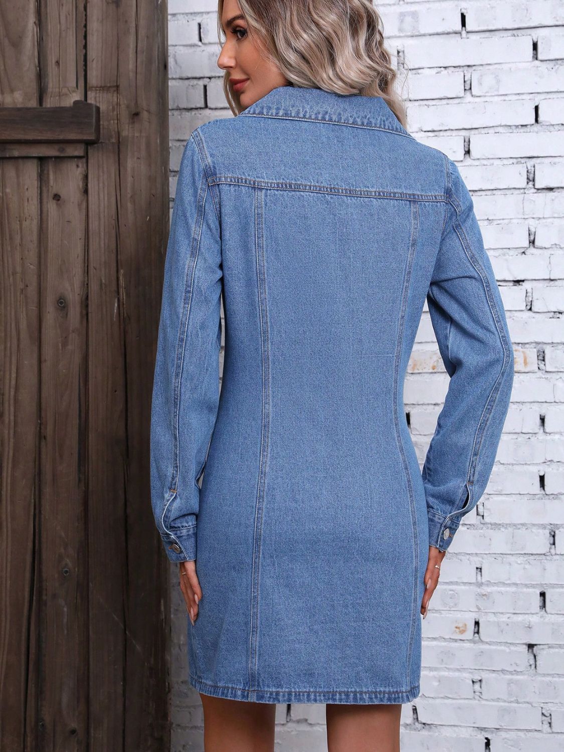 Ruched Button Up Long Sleeve Denim Dress-Angel Casuals