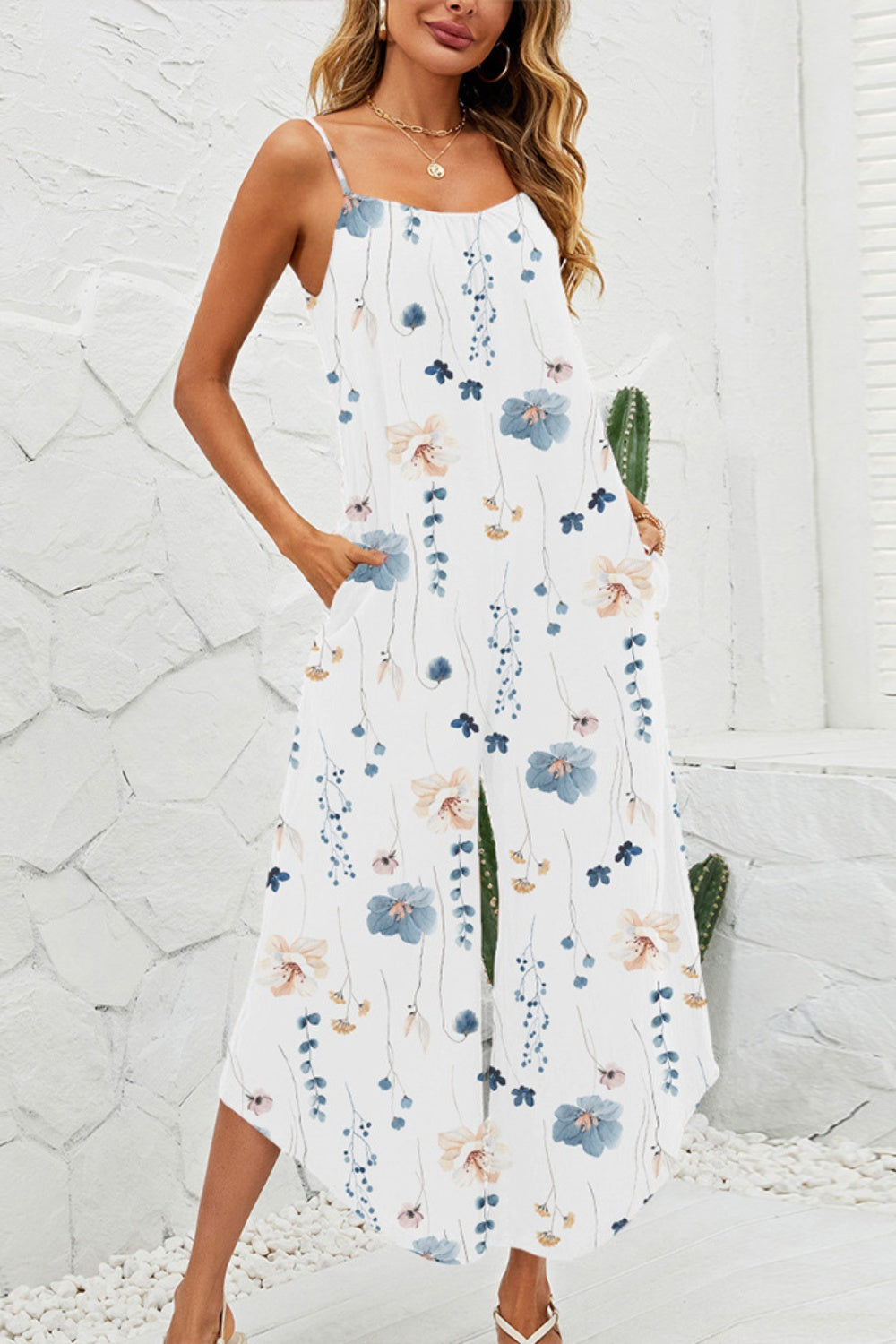 Printed Scoop Neck Wide Leg Jumpsuit-Angel Casuals