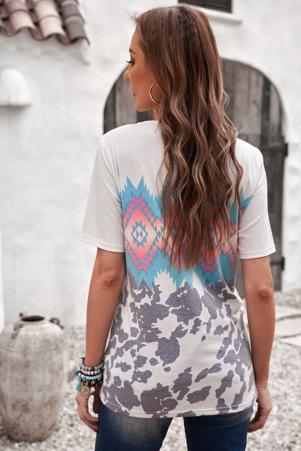 Printed Round Neck Tunic Tee-Angel Casuals