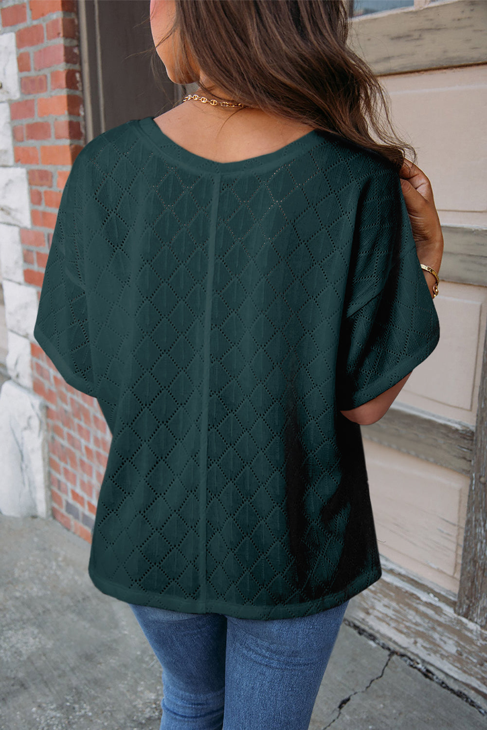 Eyelet V-Neck Dropped Shoulder T-Shirt-Angel Casuals