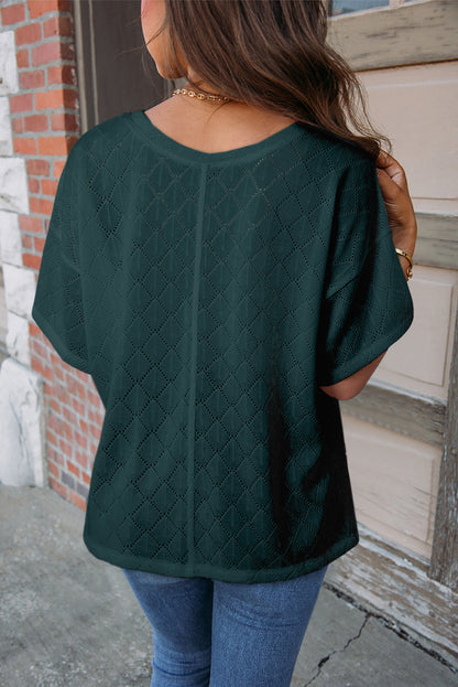 Eyelet V-Neck Dropped Shoulder T-Shirt-Angel Casuals
