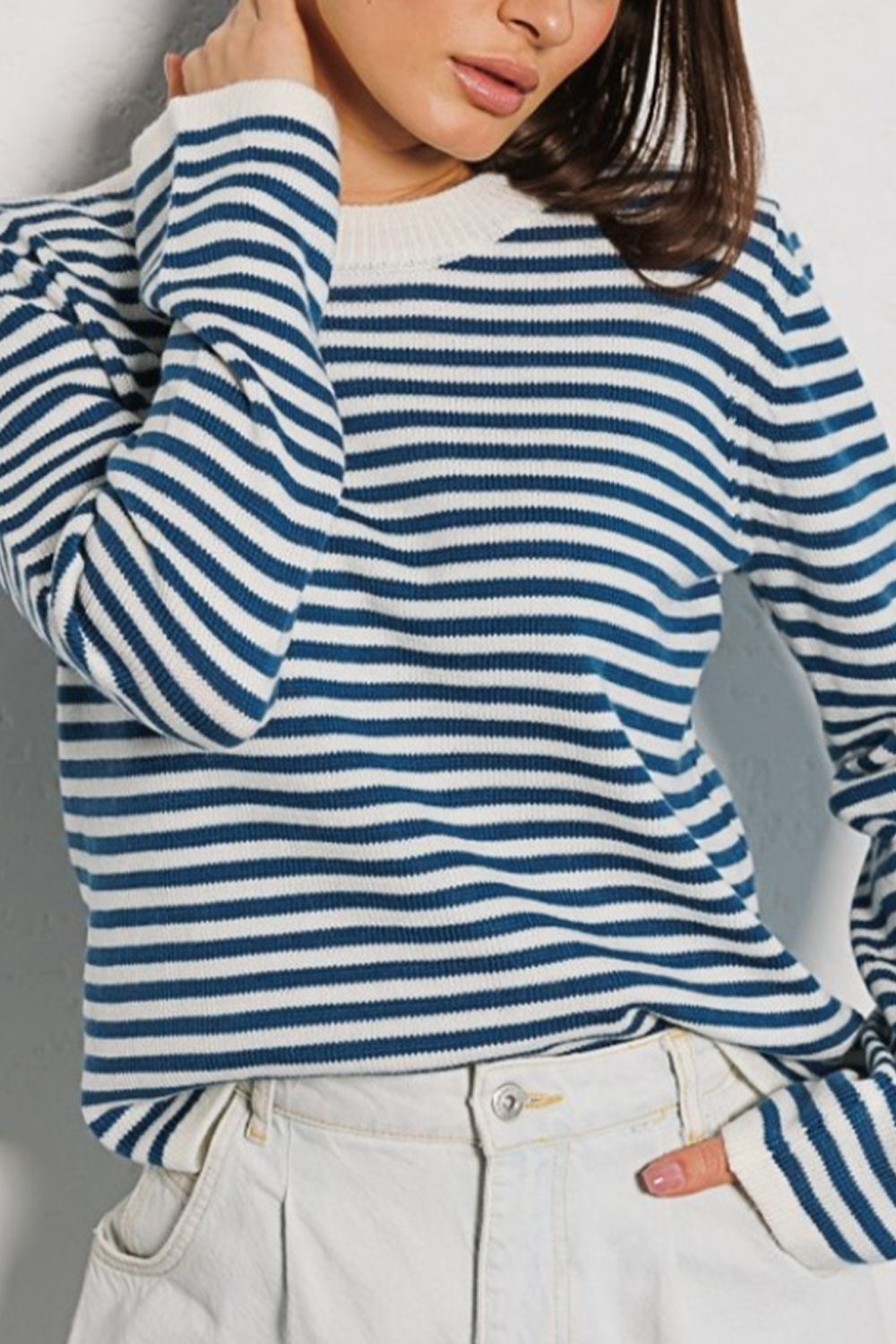 Striped Round Neck Long Sleeve Sweater-Angel Casuals