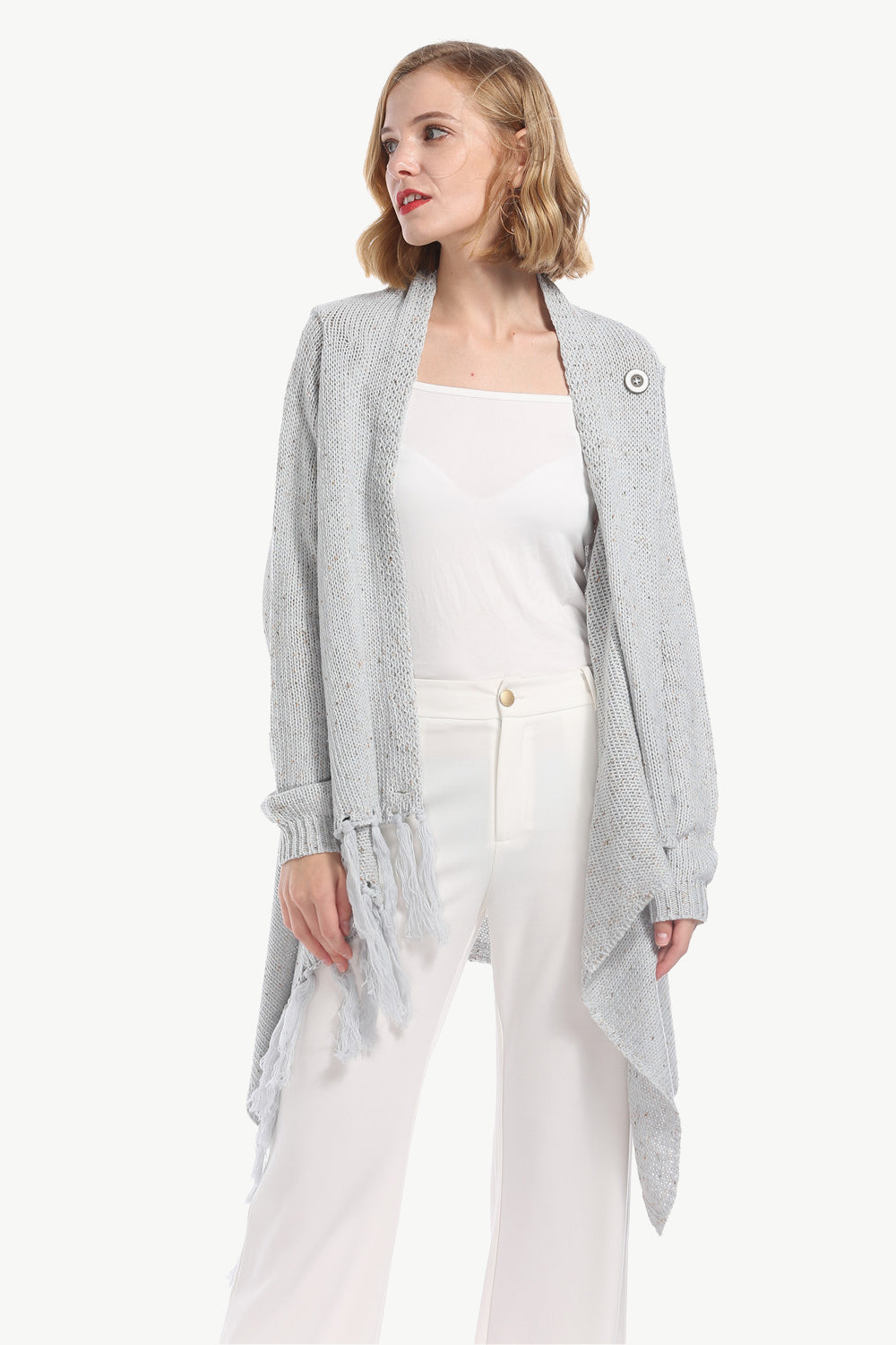 One-Button Tassel Tie Asymmetrical Hem Cardigan-Angel Casuals