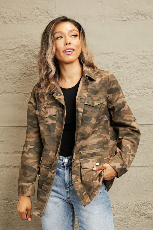 Double Take Camouflage Snap Down Jacket-Angel Casuals