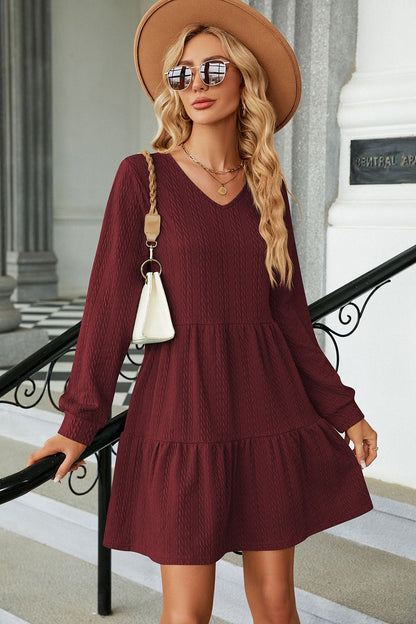 V-Neck Long Sleeve Mini Dress-Angel Casuals