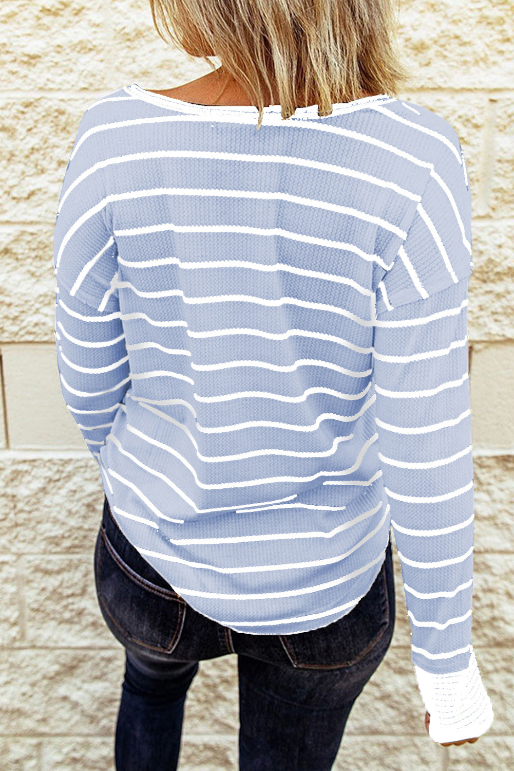 Striped Waffle Knit Henley Long Sleeve Top-Angel Casuals