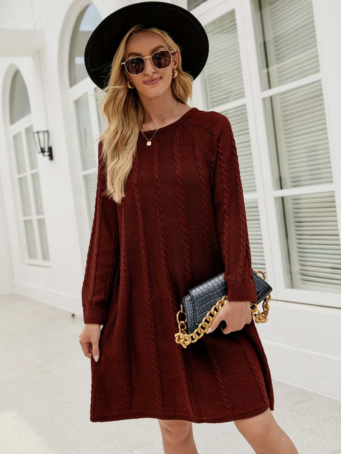 Cable-Knit Long Sleeve Sweater Dress-Angel Casuals