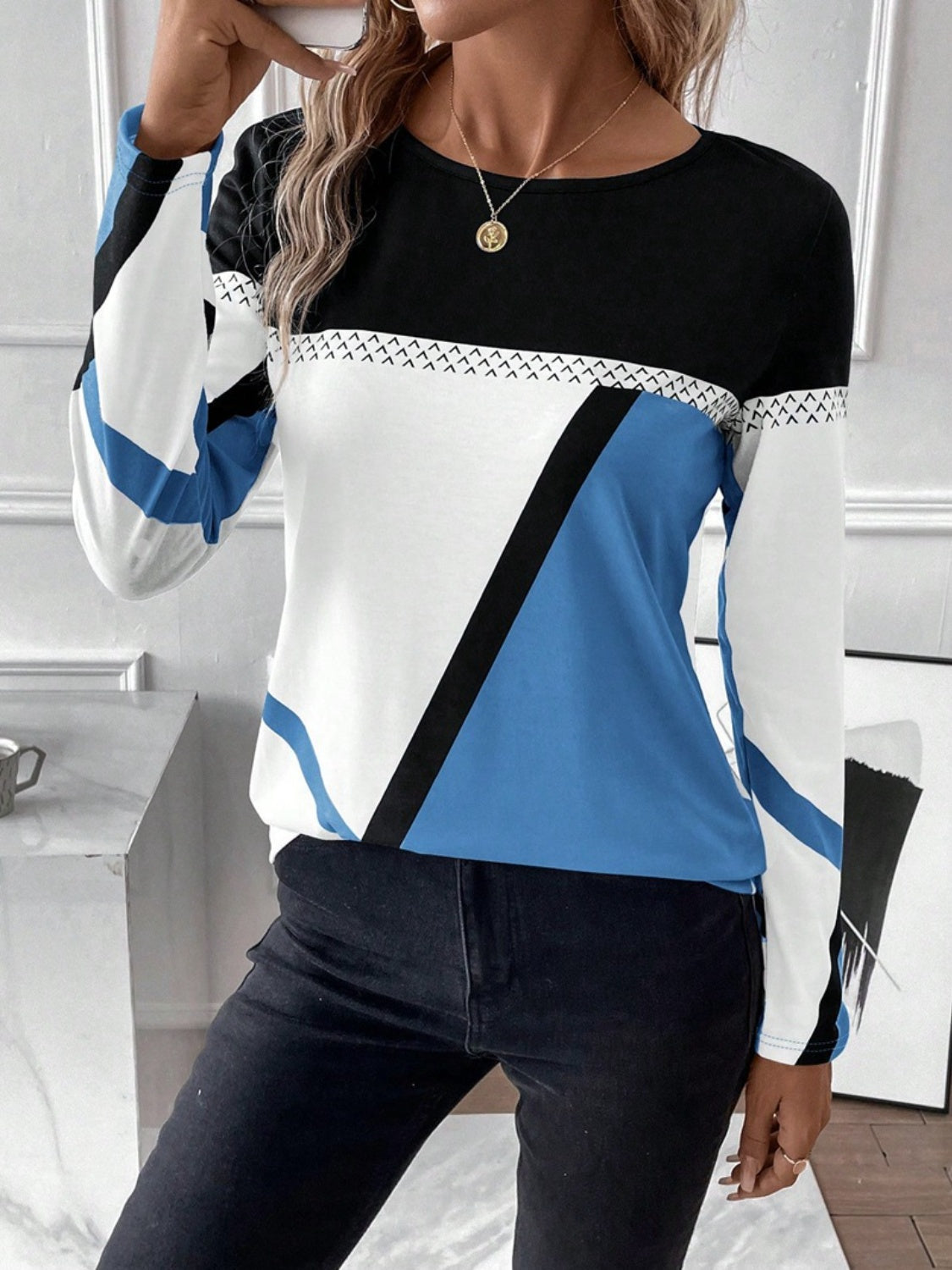 Contrast Round Neck Long Sleeve T-Shirt-Angel Casuals