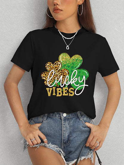 LUCKY VIBES Round Neck Short Sleeve T-Shirt-Angel Casuals