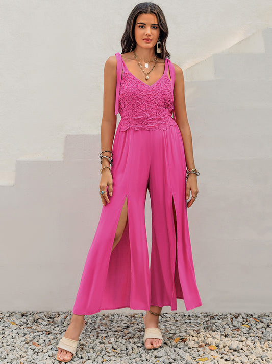 V-Neck Wide Strap Slit Jumpsuit-Angel Casuals