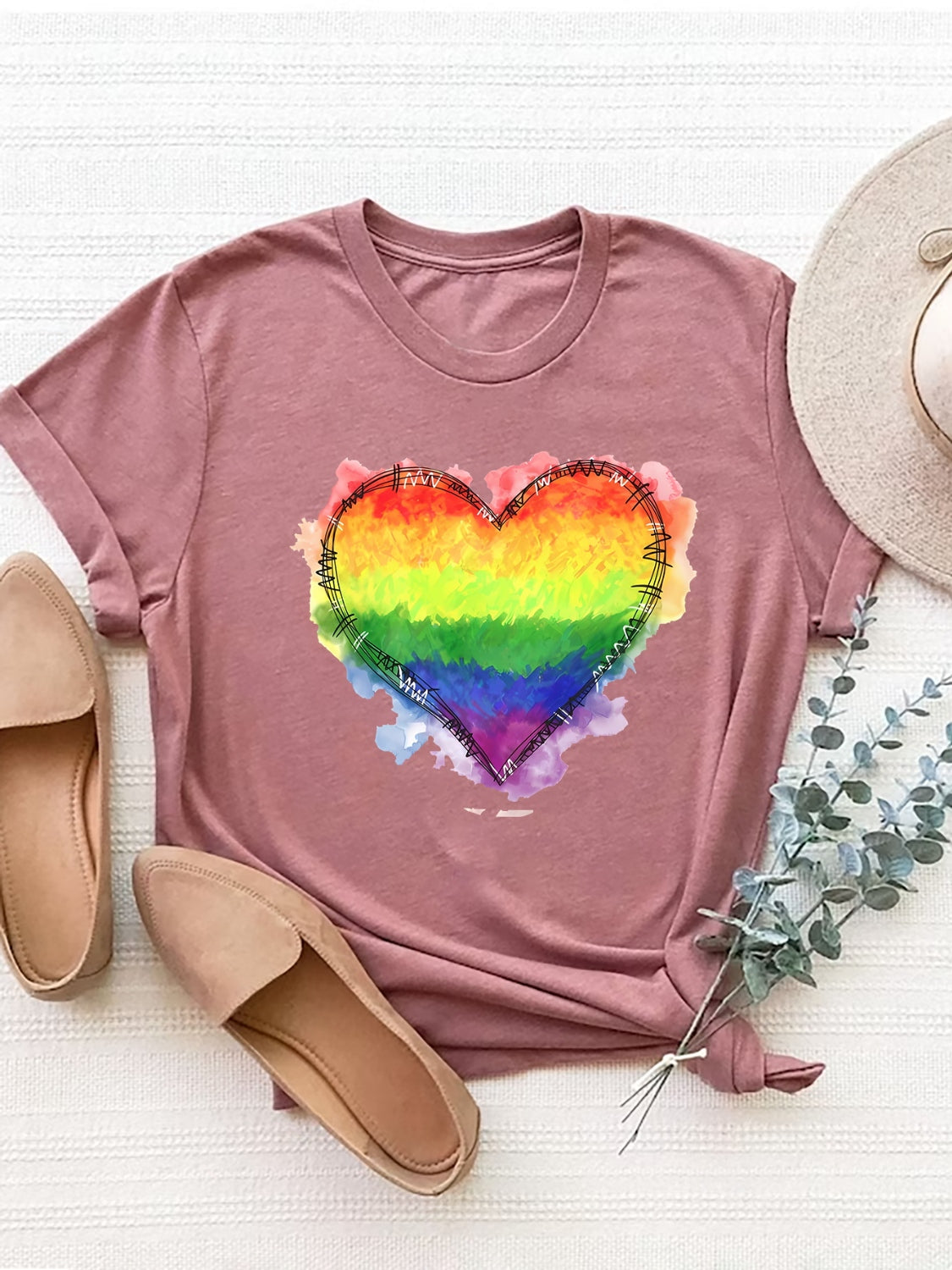 Heart Graphic Round Neck Short Sleeve T-Shirt-Angel Casuals