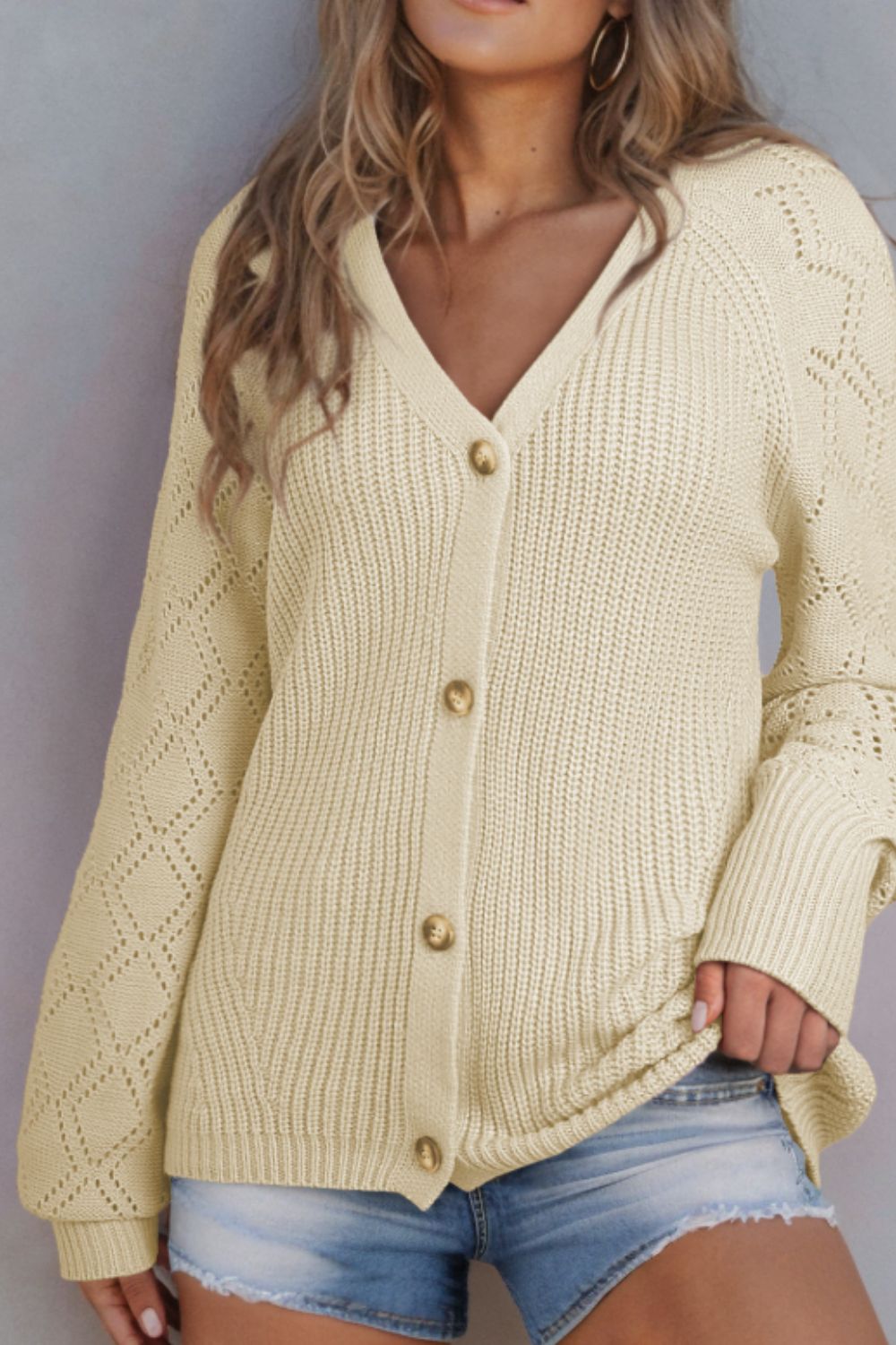 Openwork V-Neck Button Up Cardigan-Angel Casuals