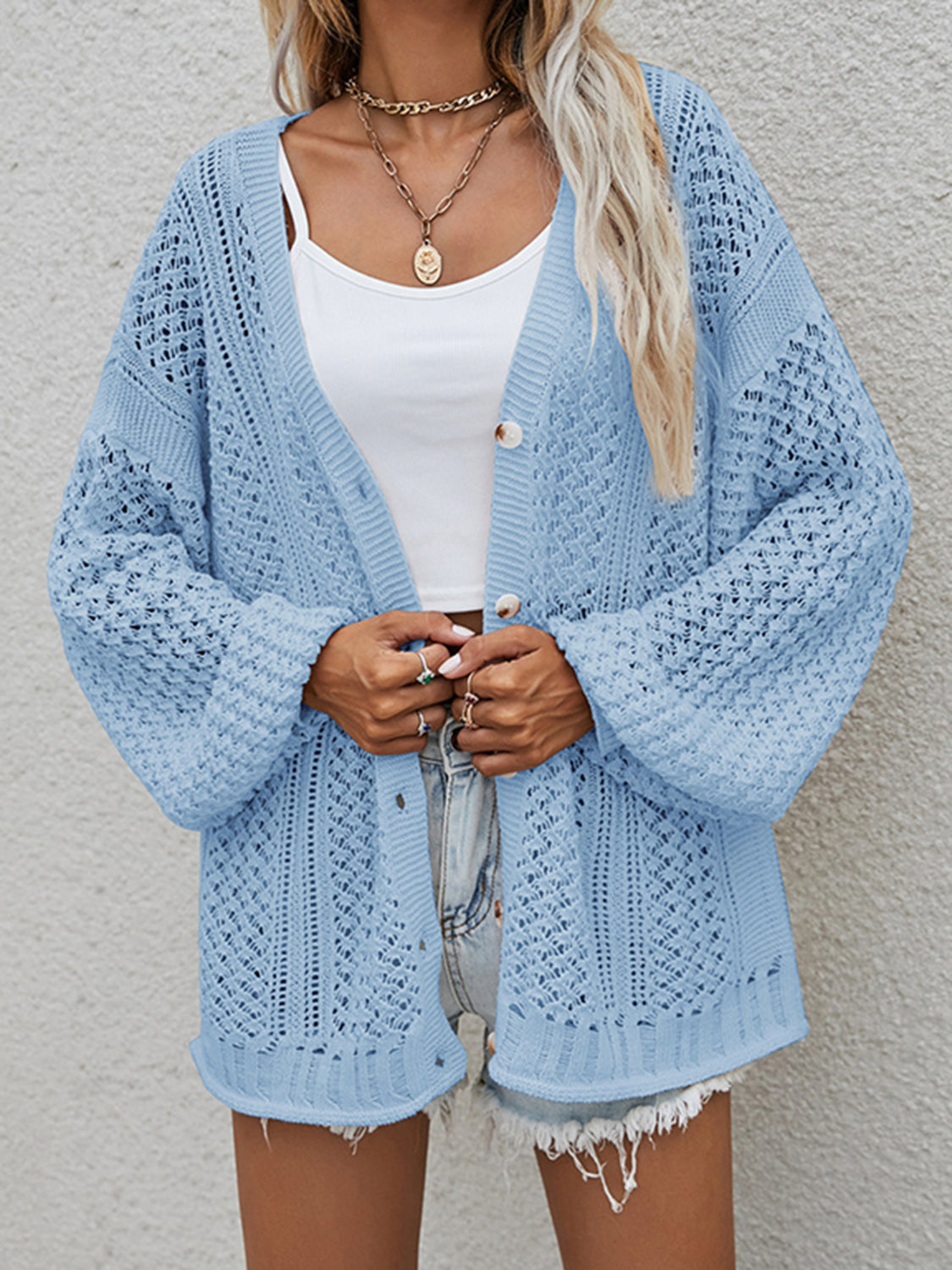 Openwork Button Front Cardigan-Angel Casuals
