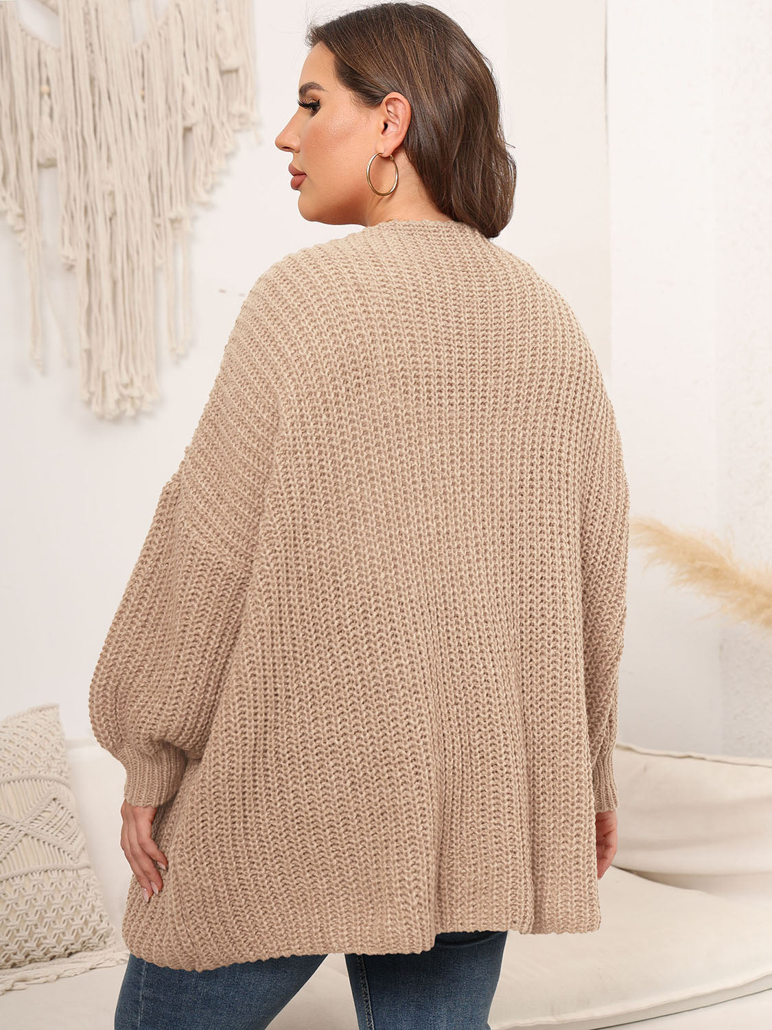 Plus Size Open Front Dropped Shoulder Knit Cardigan-Angel Casuals