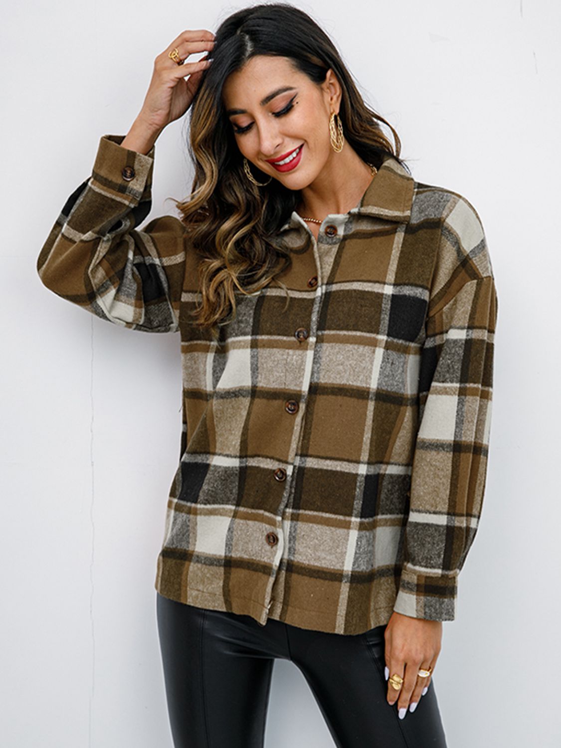 Plaid Button Up Collared Neck Jacket-Angel Casuals