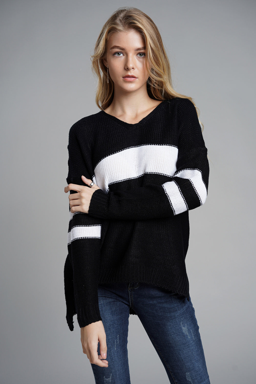 Slit Contrast V-Neck Long Sleeve Sweater-Angel Casuals