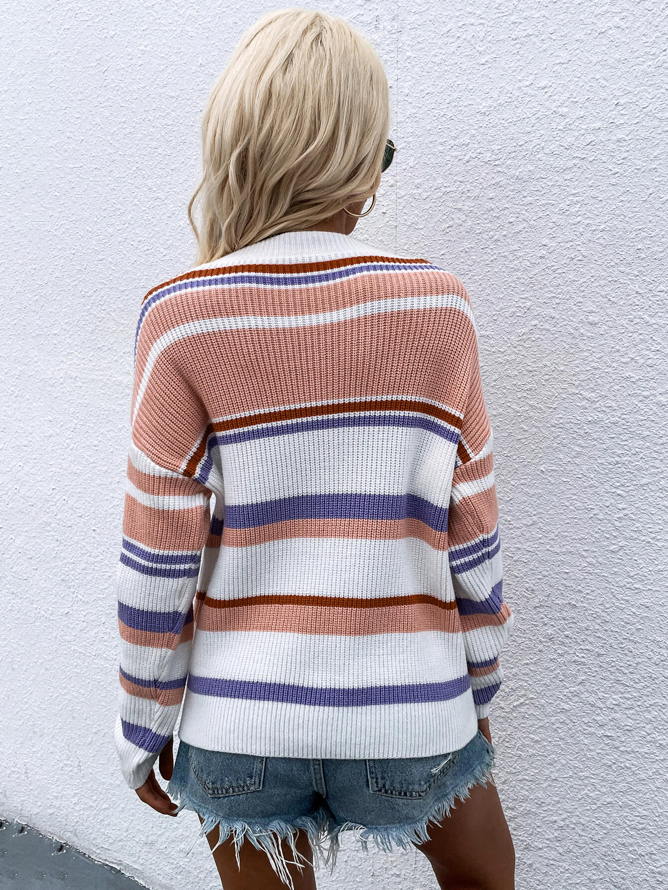 Striped Drop Shoulder Round Neck Pullover Sweater-Angel Casuals