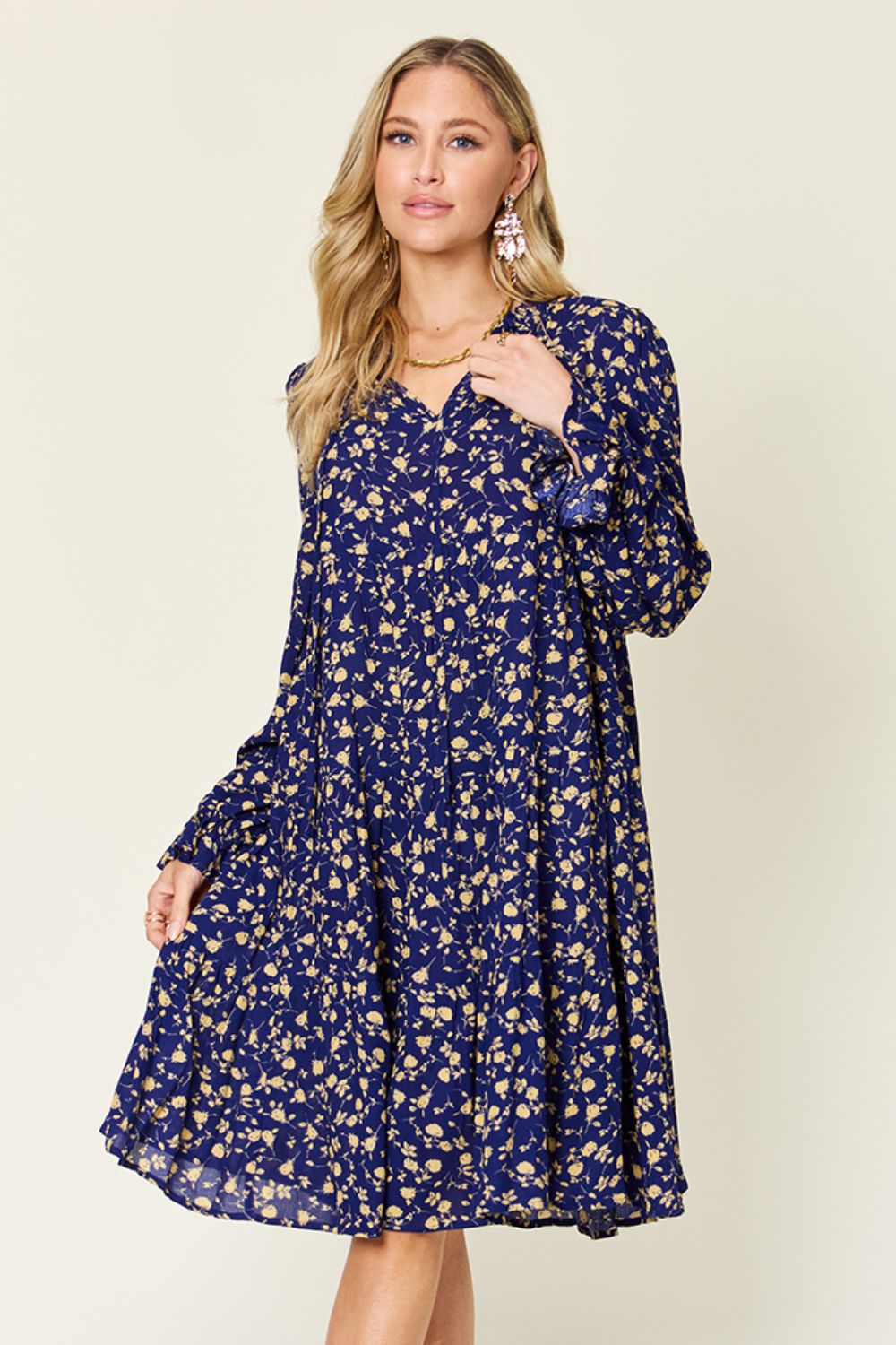 Double Take Full Size Printed Ruffle Hem Long Sleeve Dress-Angel Casuals