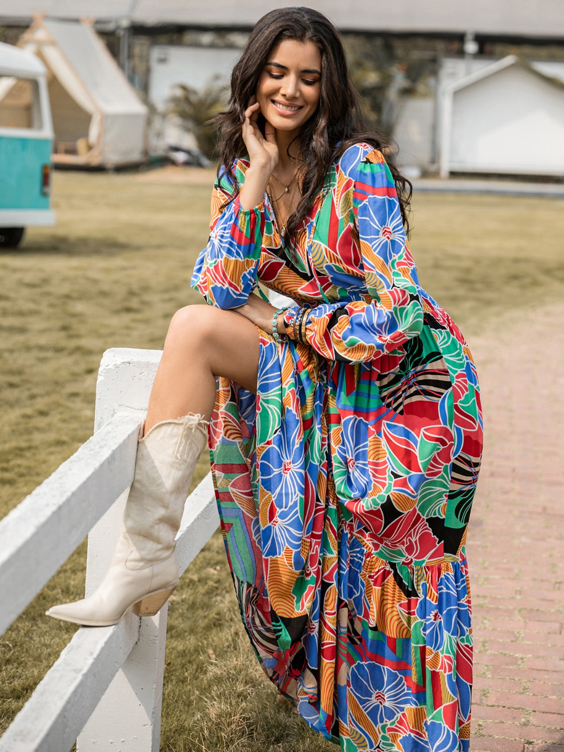 Printed Smocked Tie Neck Balloon Sleeve Maxi Dress-Angel Casuals