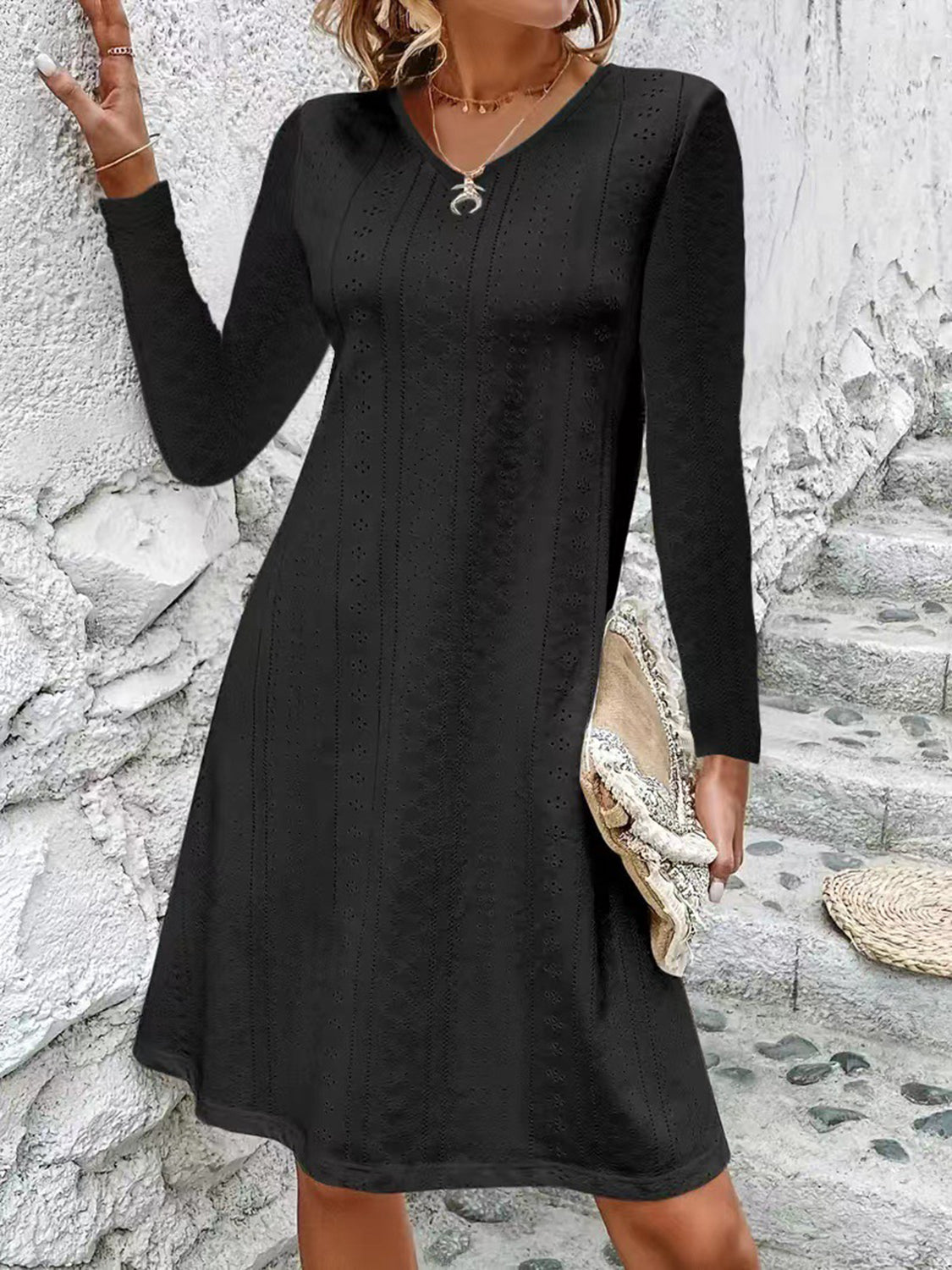 Eyelet V-Neck Long Sleeve Mini Dress-Angel Casuals