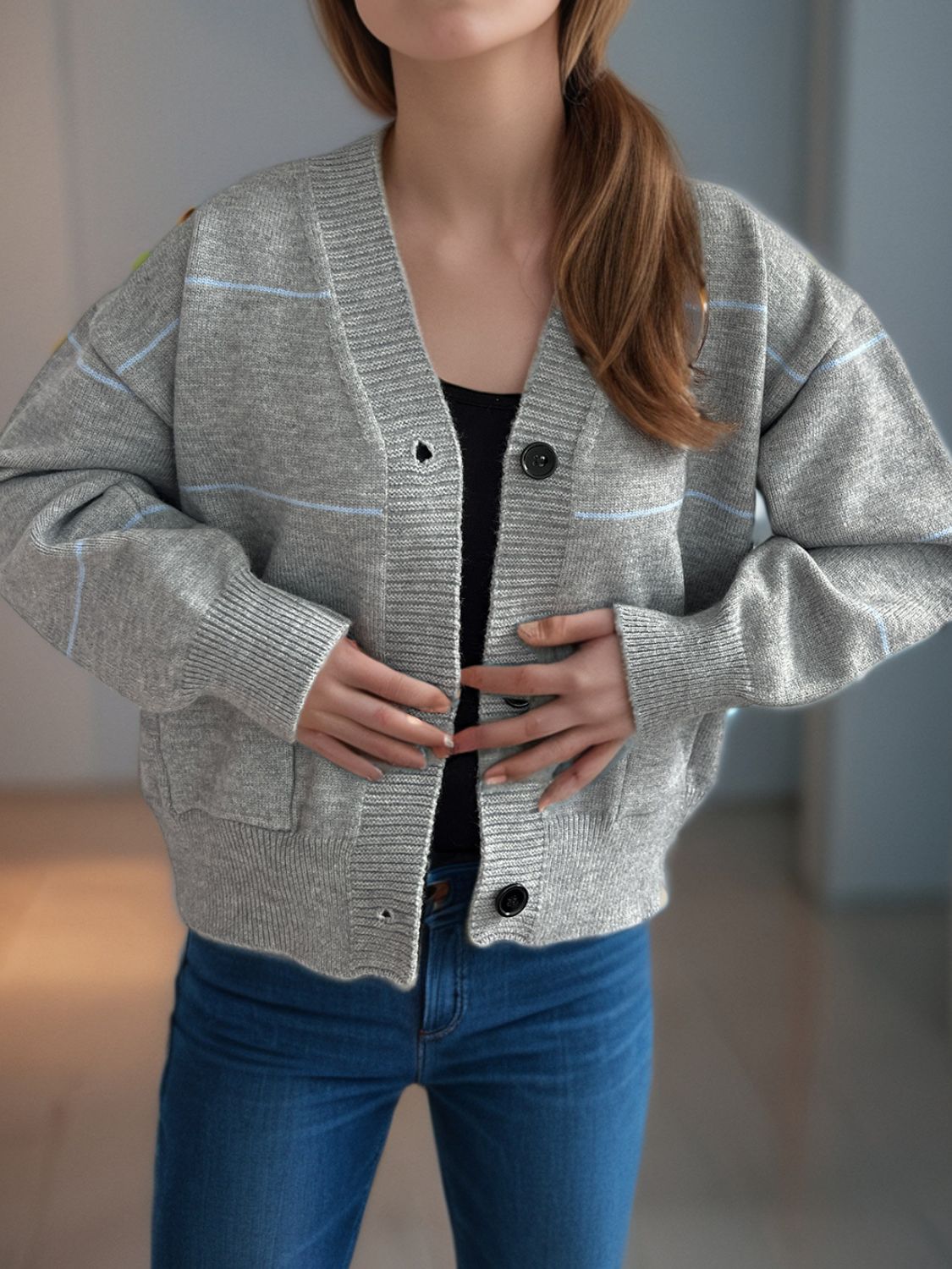 Striped Button Down V-Neck Long Sleeve Cardigan-Angel Casuals