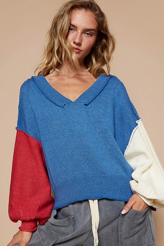 POL Exposed Seam Contrast V-Neck Lantern Sleeve Sweater-Angel Casuals