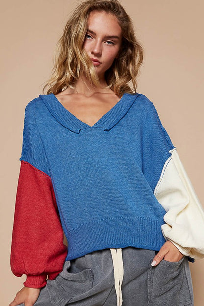 POL Exposed Seam Contrast V-Neck Lantern Sleeve Sweater-Angel Casuals