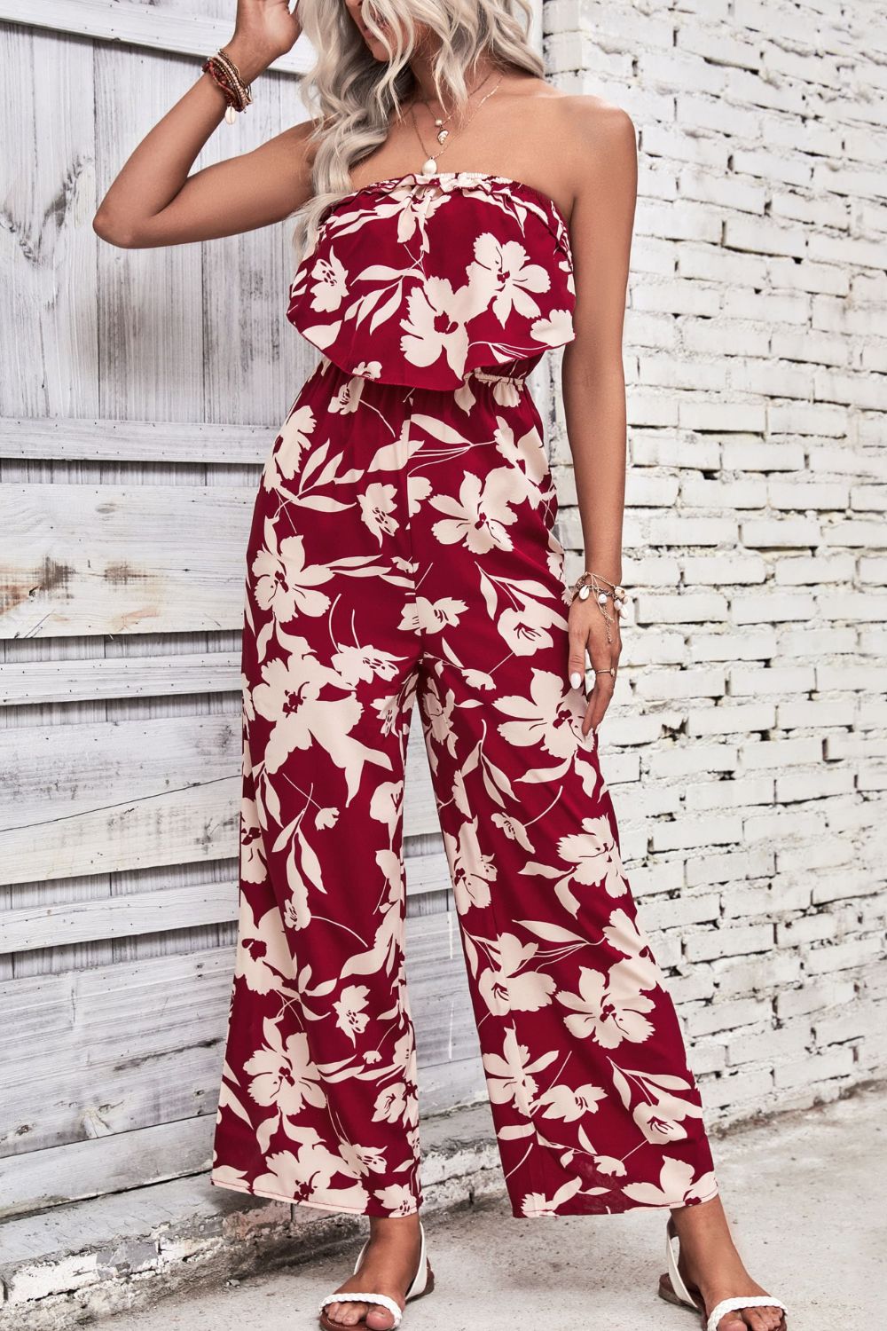 Floral Strapless Wide Leg Jumpsuit-Angel Casuals