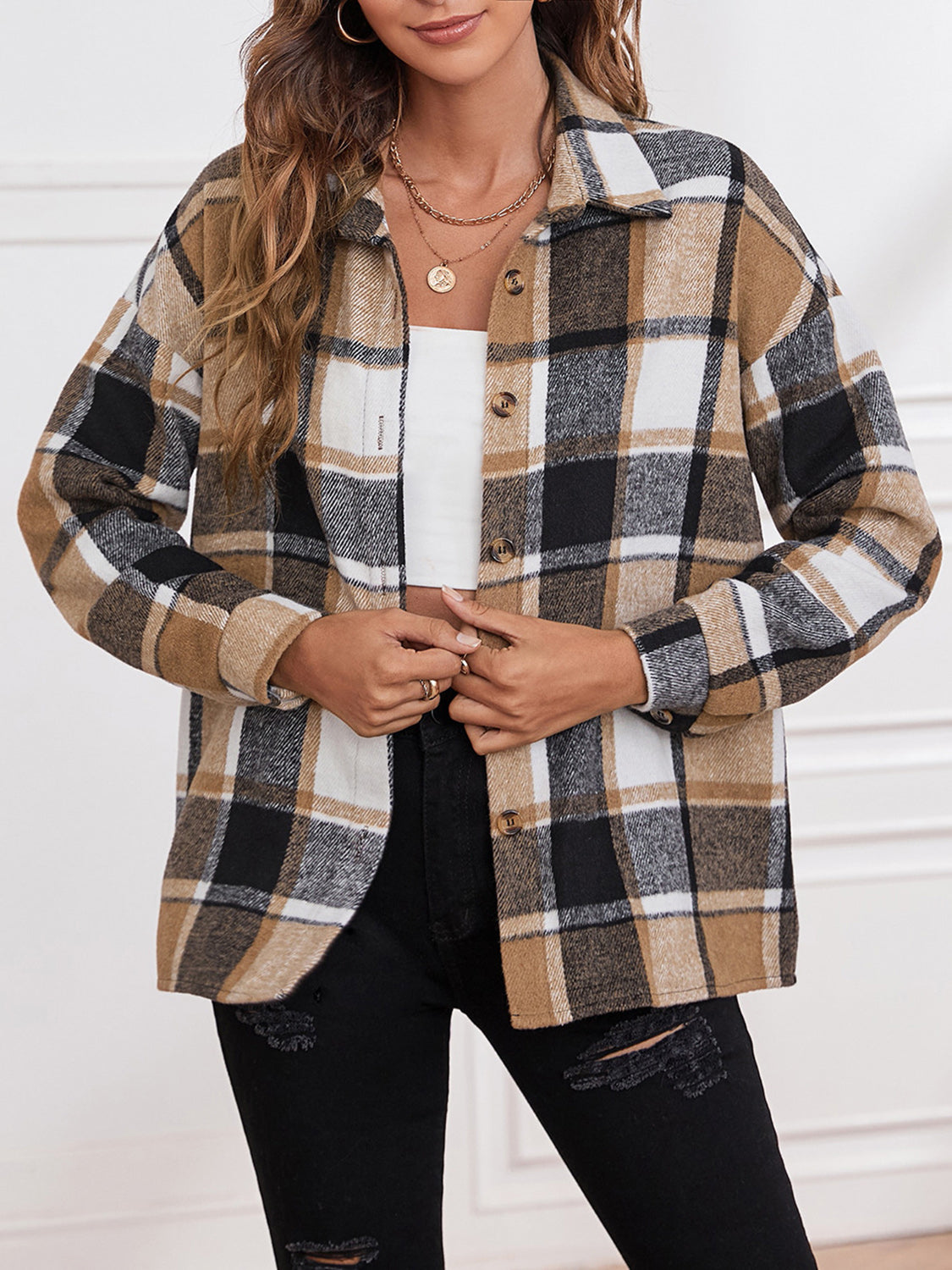 Plaid Collared Neck Button Down Jacket-Angel Casuals