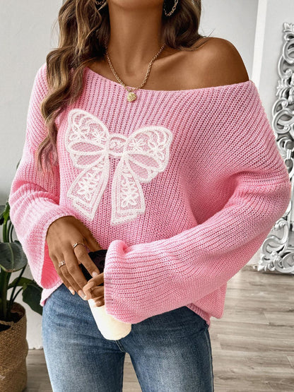 Bow Boat Neck Long Sleeve Sweater-Angel Casuals