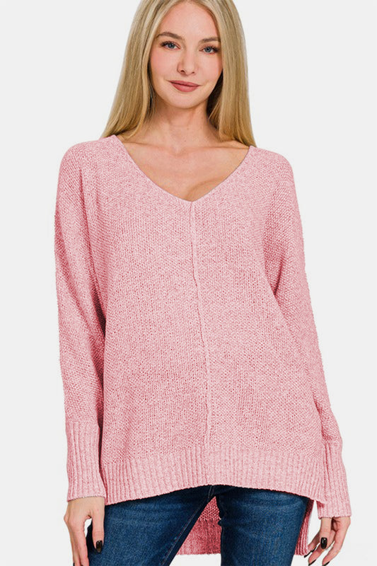 Zenana High-Low Center Seam V-Neck Sweater-Angel Casuals