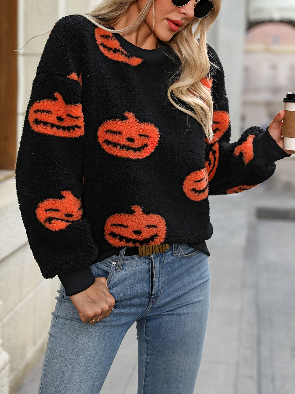 Fuzzy Pumpkin Round Neck Dropped Shoulder Sweater-Angel Casuals