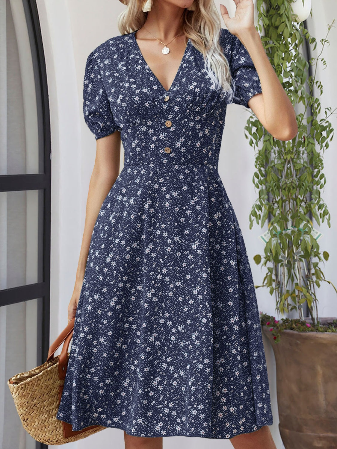 Printed V-Neck Short Sleeve Dress-Angel Casuals