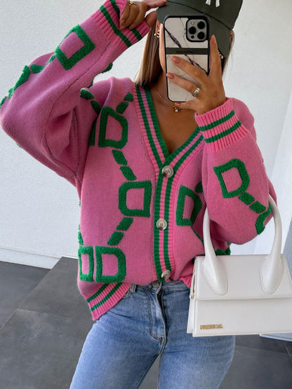 Geometric Dropped Shoulder Button Down Cardigan-Angel Casuals