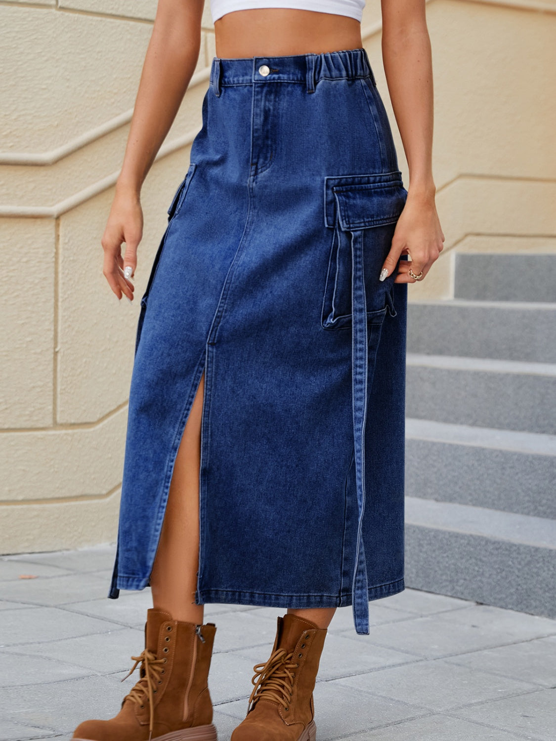 Slit Pocketed High Waist Denim Skirt-Angel Casuals