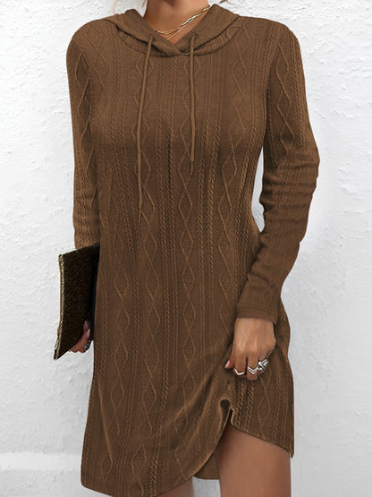 Textured Drawstring Long Sleeve Hooded Dress-Angel Casuals