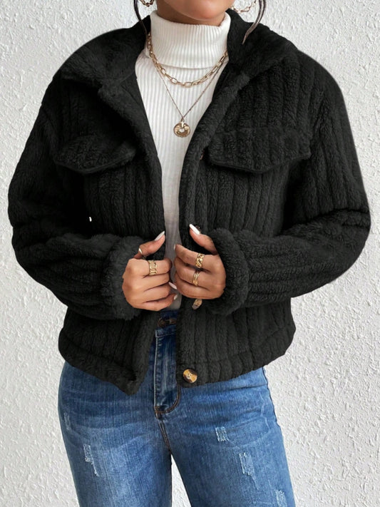 Fuzzy Button Up Collared Neck Jacket-Angel Casuals