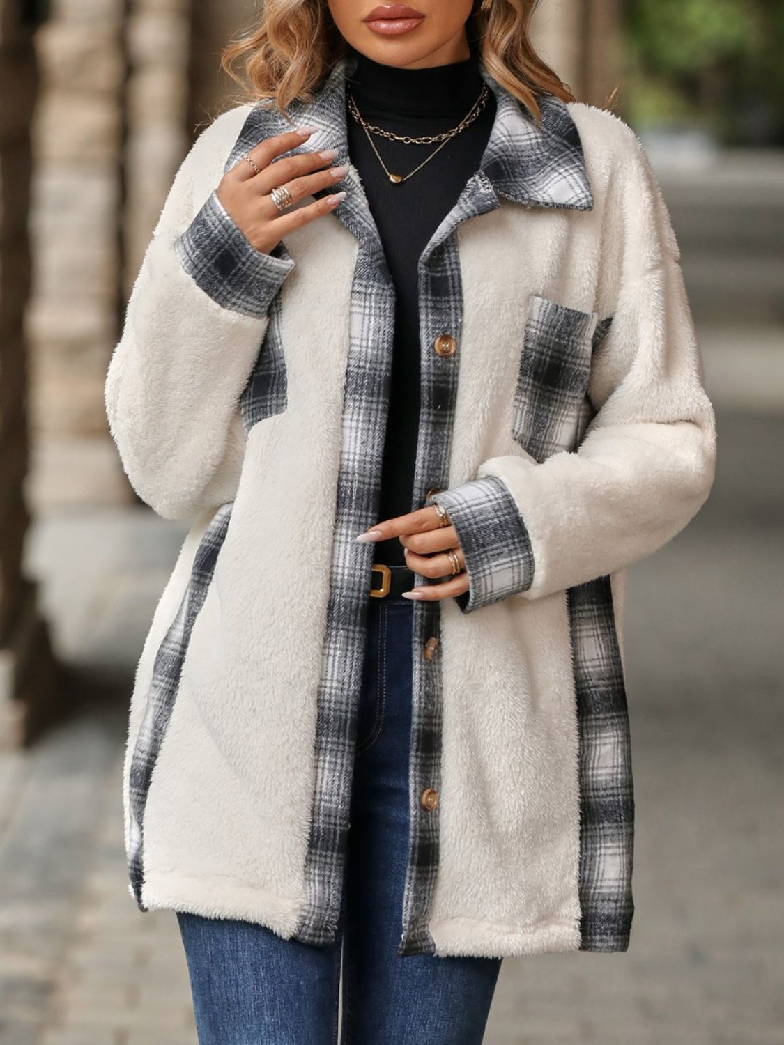 Plaid Contrast Dropped Shoulder Coat-Angel Casuals