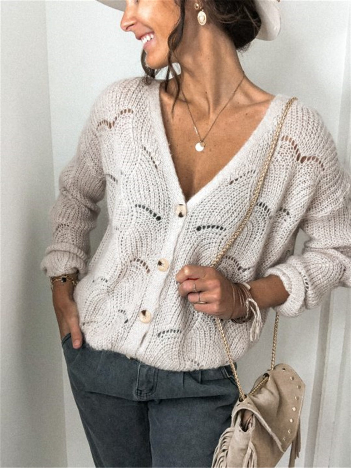 Openwork Button Up Long Sleeve Cardigan-Angel Casuals