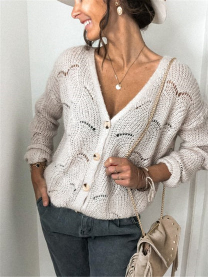 Openwork Button Up Long Sleeve Cardigan-Angel Casuals