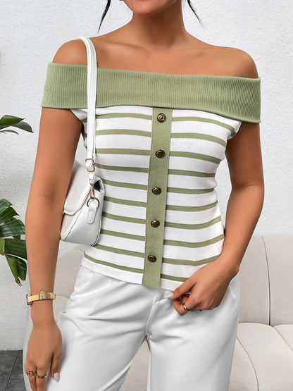 Decorative Button Striped Off-Shoulder Knit Top-Angel Casuals