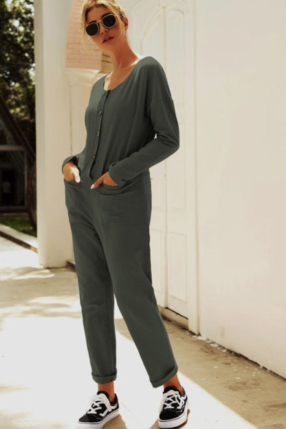 Buttoned Drop Shoulder Pocket Jumpsuit-Angel Casuals