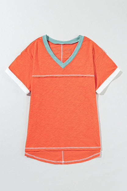 Color Block V-Neck Short Sleeve T-Shirt-Angel Casuals