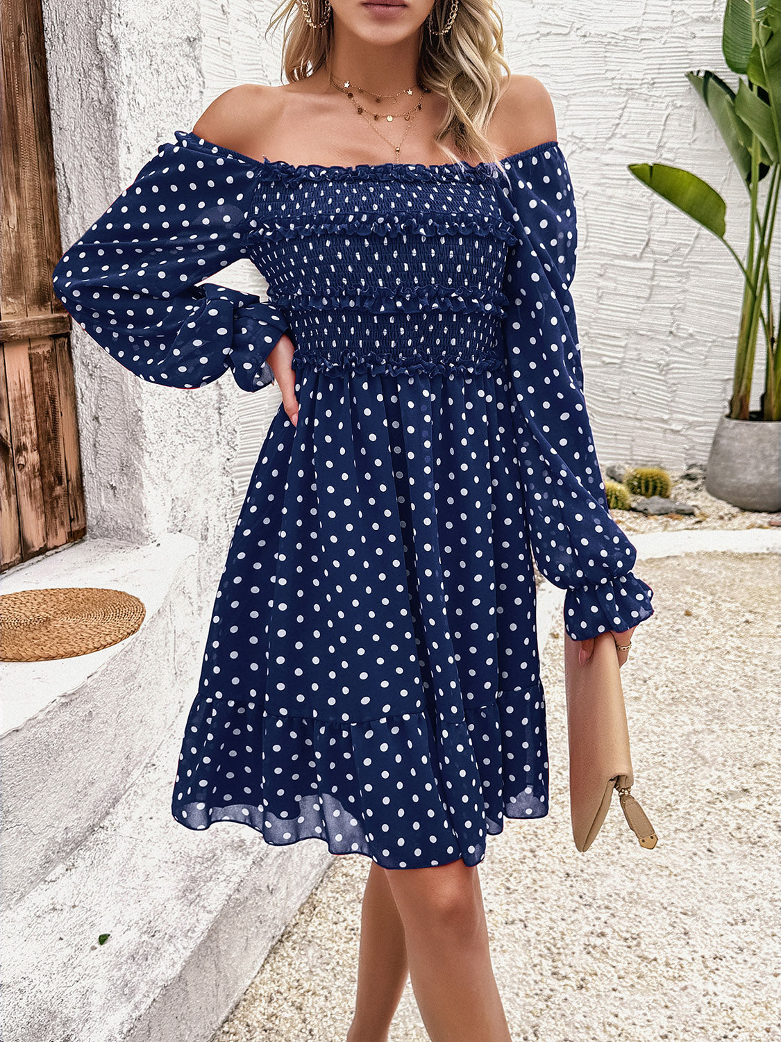 Smocked Polka Dot Long Sleeve Dress-Angel Casuals