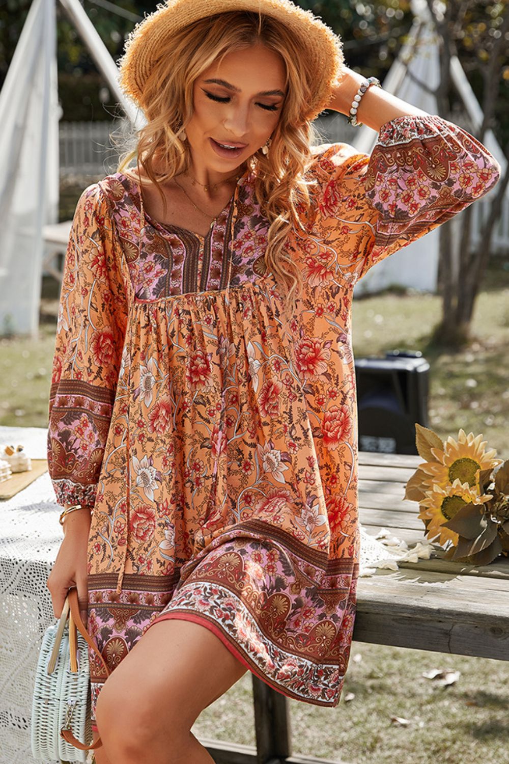 Bohemian Tie Neck Balloon Sleeve Dress-Angel Casuals